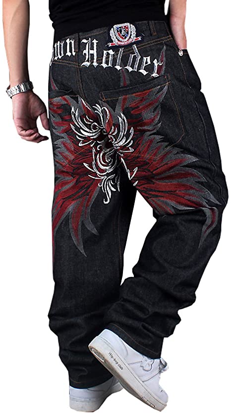 QBO Men's Hip-hop Embroidered Printed Baggy Denim Jeans Pants .