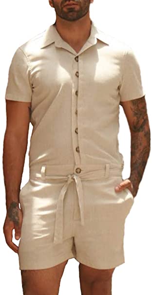 Beotyshow Mens Plain Summer Short Sleeve Male Rompers Lapel Button .
