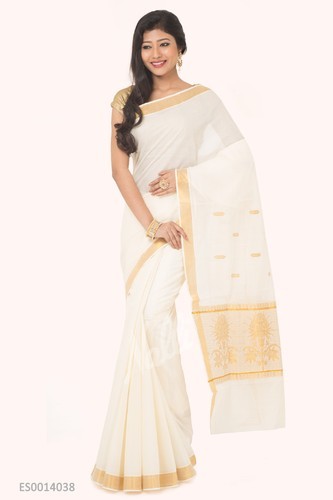 Plain Casual Wear Designer Kerala Cotton Saree, With Blouse, Rs .