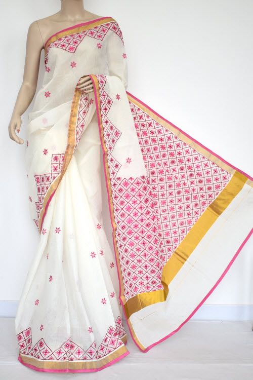 Off-White, Pink Embroidered Kerala Cotton Handloom Saree (With .