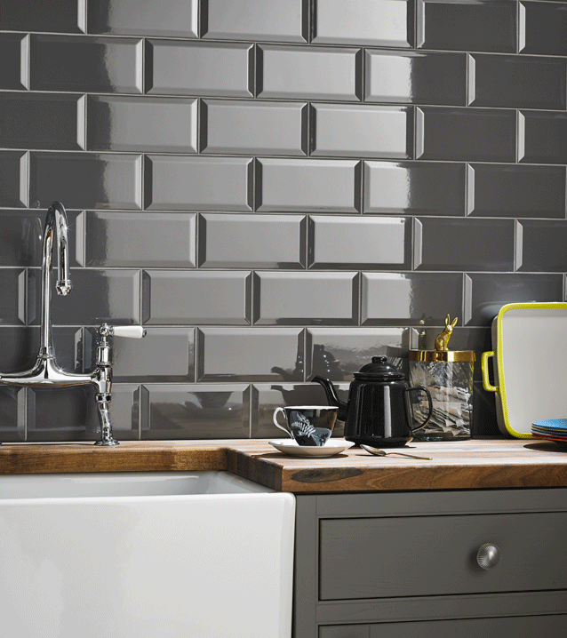 Grey brick effect kitchen wall tile … (With images) | Grey kitchen .