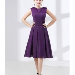 Cheap Purple Knee Length Prom Dress With Modest Lace Neckline .