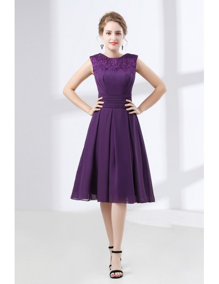 Cheap Purple Knee Length Prom Dress With Modest Lace Neckline .