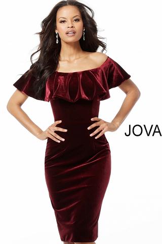 Jovani Burgundy Off the Shoulder Fitted Knee Length Dress 58081 .