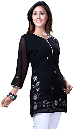 Amazon.com: Indian Selections Black Georgette 3/4 Sleeves Kurti .