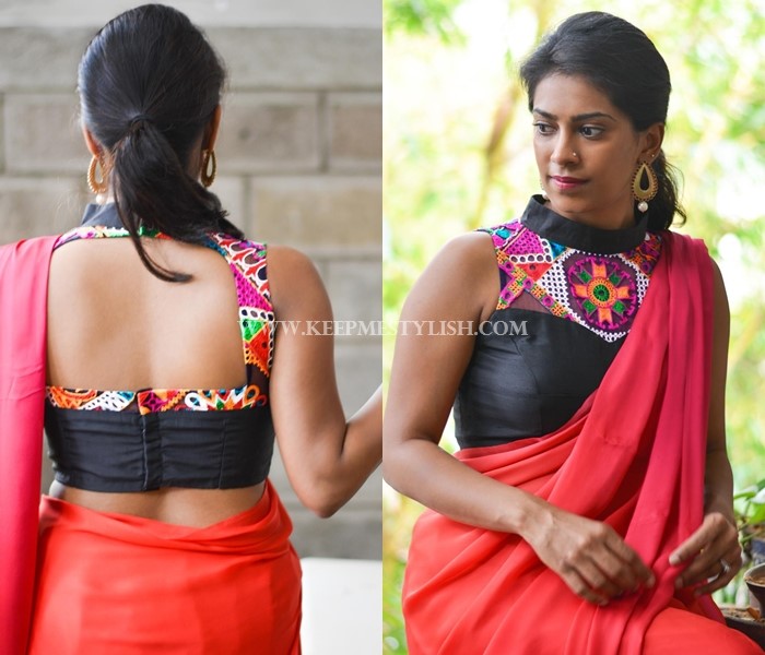 plain-saree-with-kutch-work-blouse • Keep Me Styli