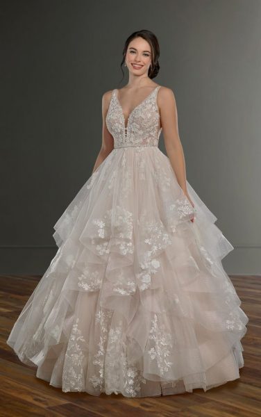 Sleeveless V-Neck Ballgown Wedding Dress With Layered Skirt .