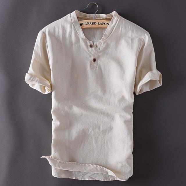 2020 Mens Pullover Linen Shirts Short Sleeve Summer Breathable .