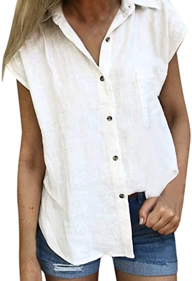 Letdown Cotton Linen Shirts for Women Short Sleeve Button Down .