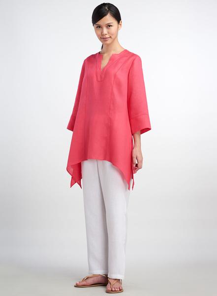 Women's Linen Tunics - Linen Picot Stitch Notch Neck Tunic | ANN G .
