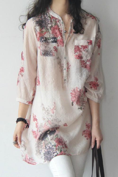 A| Chicloth Cotton Linen Women Band Collar Floral Printed Long .