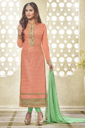 Georgette Peach & Green Embroidered Long Straight Designer Suit .