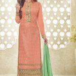 Georgette Peach & Green Embroidered Long Straight Designer Suit .