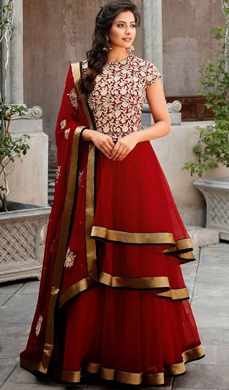 Designer Crimson Layered Net Churidar dresses - Live Style .