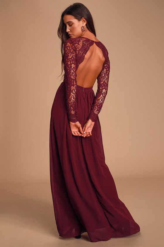 Lovely Burgundy Dress - Lace Maxi Dress - Long Sleeve Dre