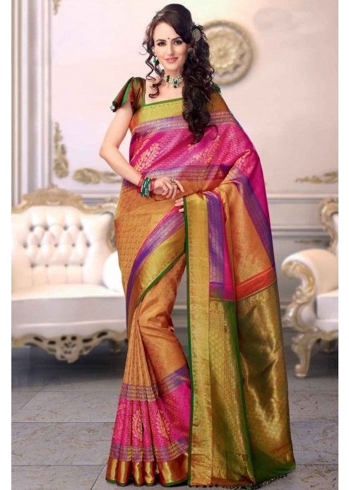 Multi-Colour Kanchipuram Silk Saree with Zari Work - SR2591 .