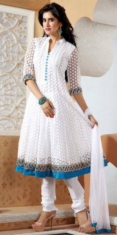 USD 163.65 White Embroidered Net Salwar Suit 28775 | Pakistani .
