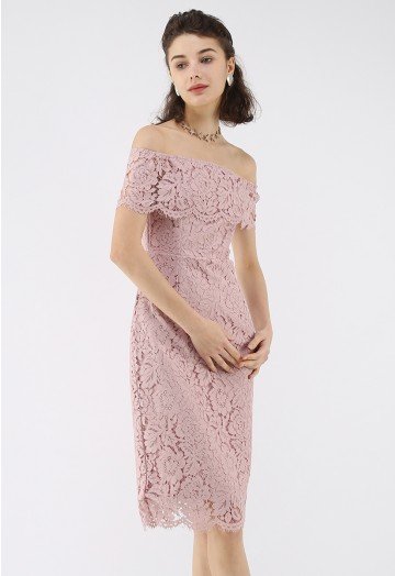 Flourishing Blooms Lace Off-Shoulder Dress in Pink - Retro, Indie .