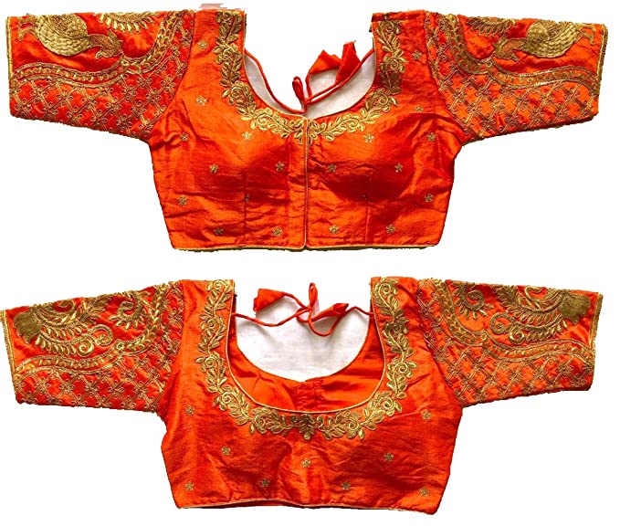Buy Pujia Mills Women's Orange Colour Peacock Work Blouses Designs .