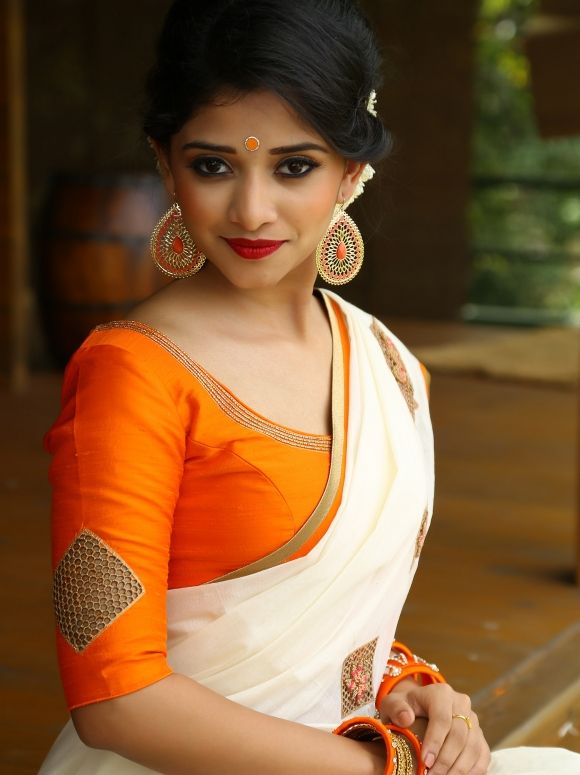 NEERJA - white sari with orange blouse | Kerala saree blouse .