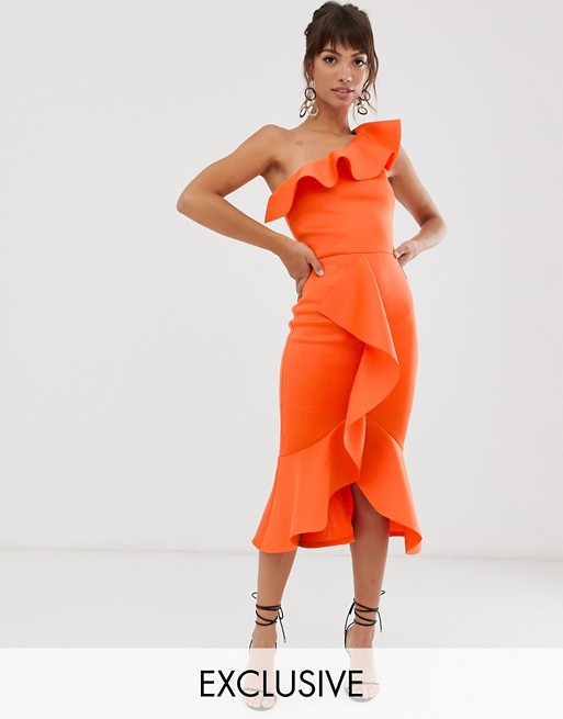 True Violet exclusive one shoulder frill bodycon dress in orange .