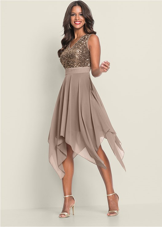 Sequin Detail Party Dress in Taupe | VEN