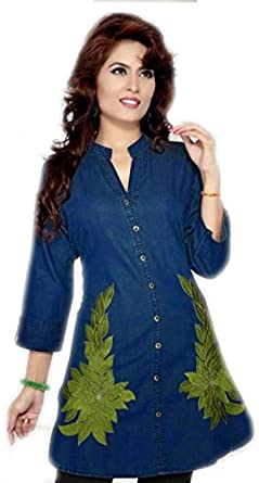 Jayayamala Ladies Cotton Fabric Blue 3/4 Sleeve Party Wear Tunic .