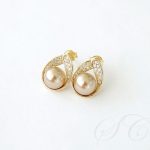 Bronze and Gold Pearl Earrings Studs Cubic Zirconia Teardrop Posts .