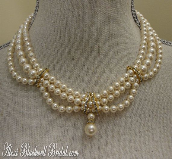 Necklace Bracelet Earrings Set Pearl Wedding Jewelry 3 strands .