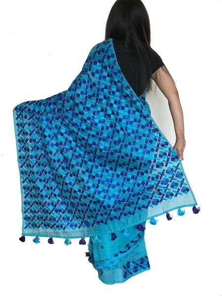 Hand Embroidered Blue Phulkari Saree – Just Phulka