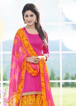 Fantastic Pink & Yellow Coloured Unstitched Patiala Suit | Salwar .