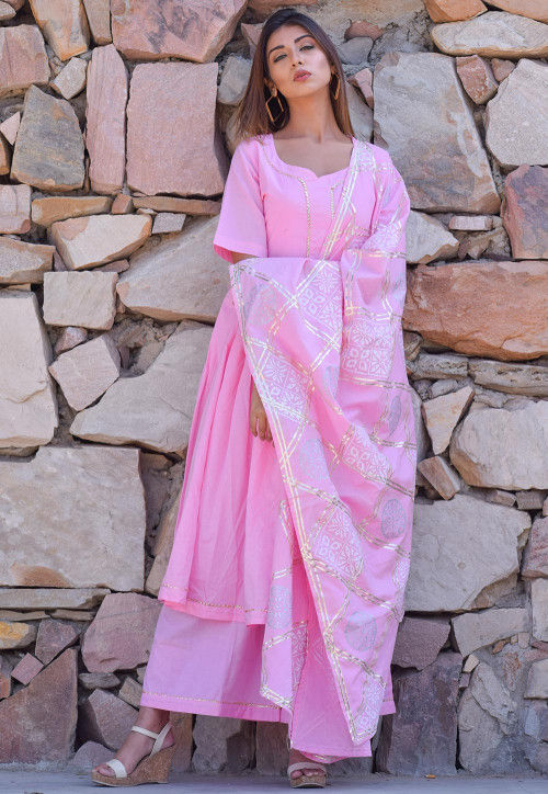 Block Printed Cotton Pakistani Suit in Baby Pink : KGPD