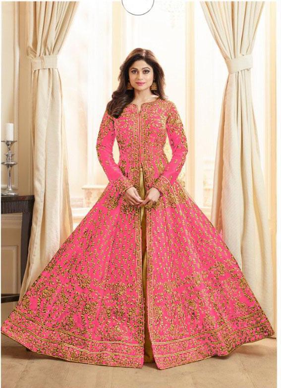 Shamita Shetty Pink Anarkali Silk Embroidered Wedding Wear Salwar Su