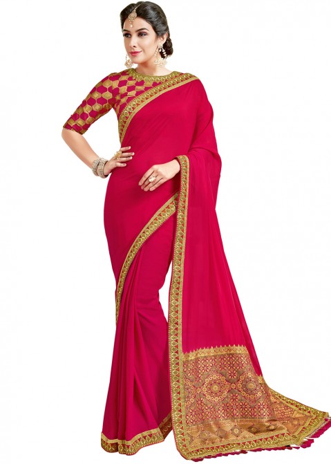 Dark Pink Saree With Embroidered Blouse 1889SR