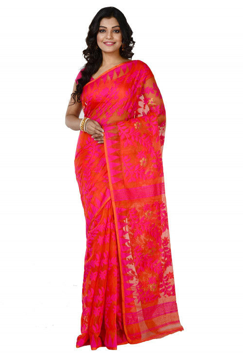 Jamdani Cotton Silk Handloom Saree in Orange and Pink : SCXA8