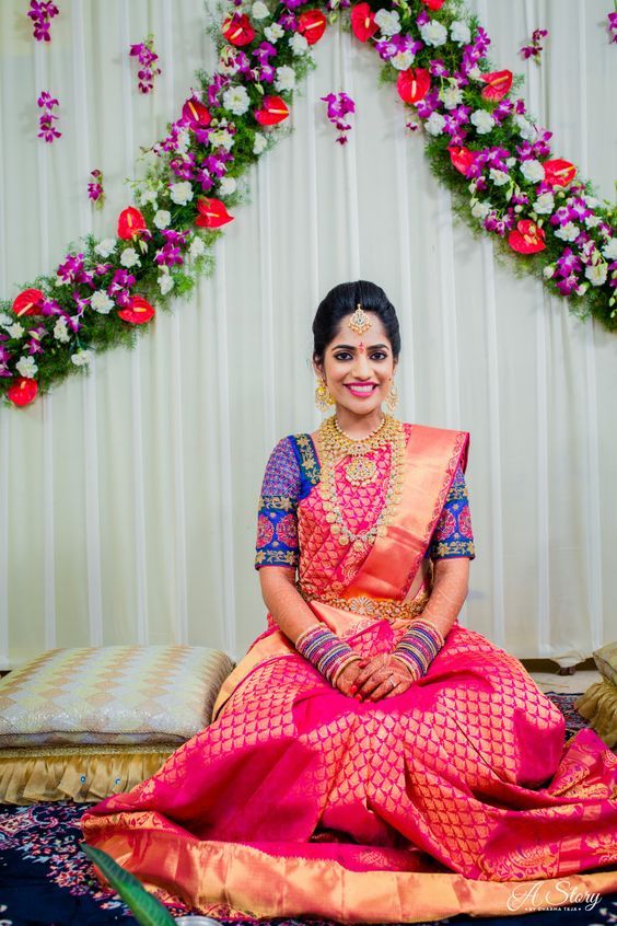 Pink Saree with Royal Blue Blouse | Indian bridal, Wedding blouse .