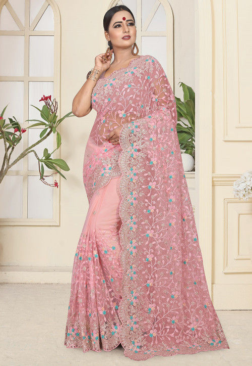Embroidered Net Saree in Baby Pink : SCBA4