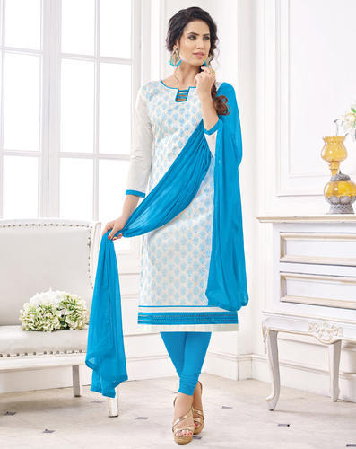 Light Blue Embroidered Ladies Cotton Salwar Suit with Plain .
