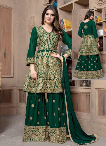 Georgette Readymade Embroidered Sharara Salwar Suit, Size: 34, 36 .