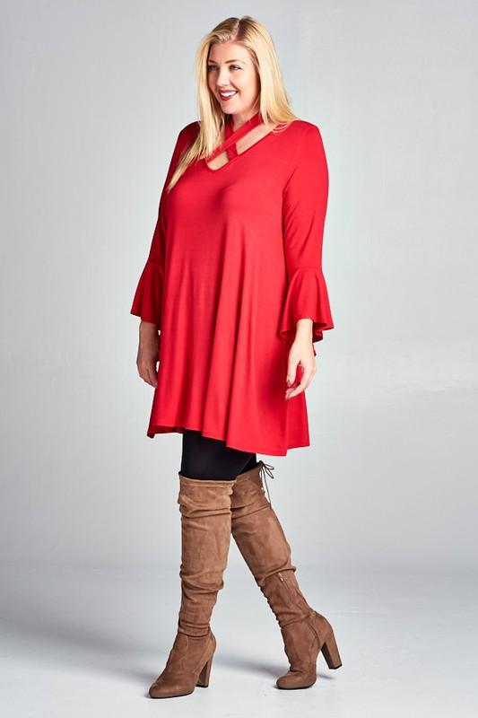 The Justine - Women's Plus Size Halter Top Tunic Dress in Red .