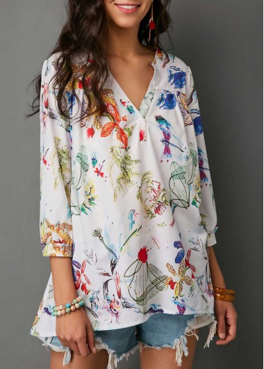 Printed Three Quarter Sleeve Split Neck Blouse (With images .