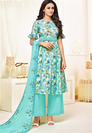 Aqua Blue Designer Cotton Satin Printed Salwar Suit : skek