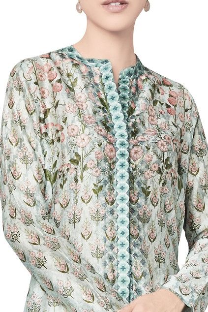Sage green chanderi silk printed tunic | Kurti neck designs, Print .