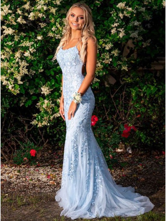 Buy Mermaid Long Spaghetti Straps Light Blue Prom Dress with .