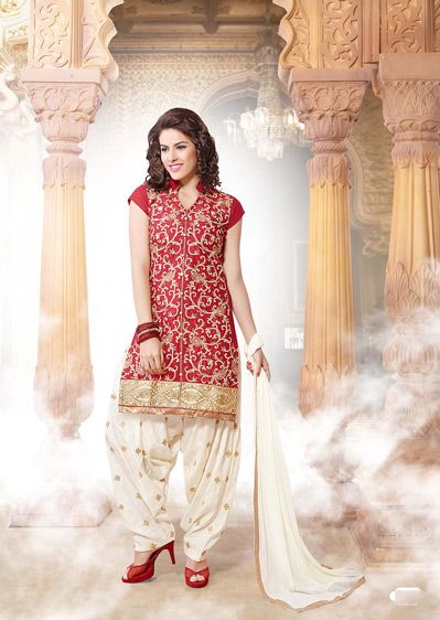 Red Embroidered Cotton Party Wear Punjabi Salwar Suit 32223 .