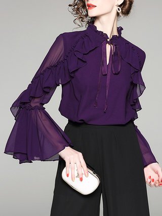 Stylewe Purple Elegant Women Blouses Polyester Daily Ruffled Blous