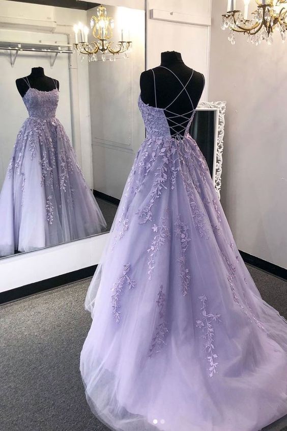 Purple tulle lace long prom dress lace tulle | moonlig