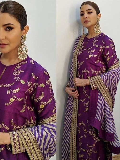 Anushka Sharma in Purple Colored Beautiful Embroidered Long Salwar .