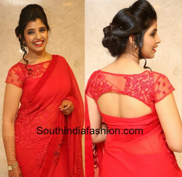 anchor syamala red saree net blouse 600x583 photo (With images .
