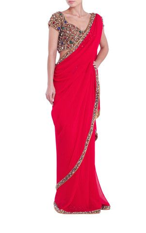 Red Saree & Jewelled Blouse (With images) | Plain saree with heavy .